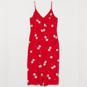 Divided red floral ruffle accent jumpsuit